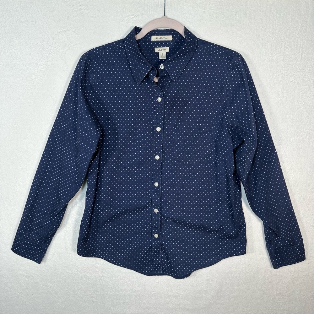 L.L. Bean Wrinkle Free Long Sleeve Shirt S Small Navy Hearts Coastal Prep Blouse